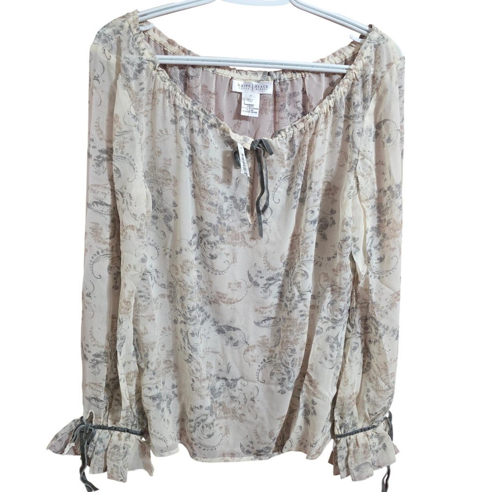 White House Black Market Women M Silk Blouse Tan Paisley Coquette Victorian Top